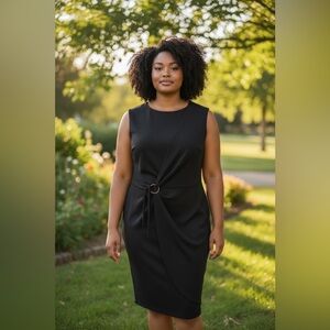 Calvin Klein Black Sleeveless Sheath Dress with Starburst Draping